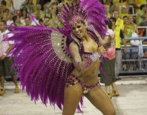 Drum Queen of the Mangueira samba school, Renata Santos, participates in the second night of the Carnival parade in Rio de Janeiro's Sambadrome